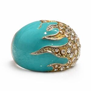 Vintage midcentury Turquoise flame
 Rhinestone statement Ring silver Tone 8